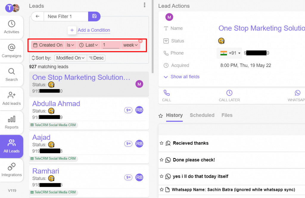get the exact leads acquired on a particular day/week filter in TeleCRM