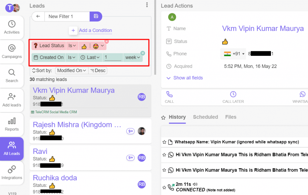 by setting the lead status, you can check the leads that are either interested, not interested or already closed in TeleCRM