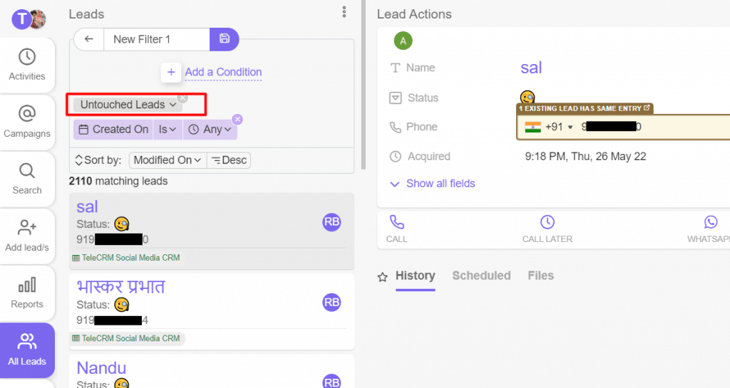 Untouched leads filter to see all not touched leads in TeleCRM | TeleCRM filters