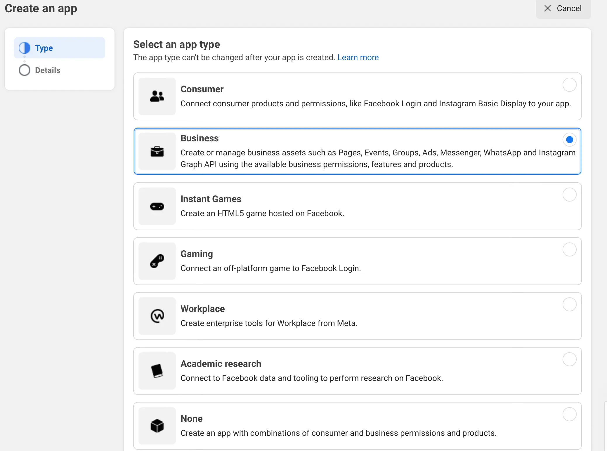 Select the type of app