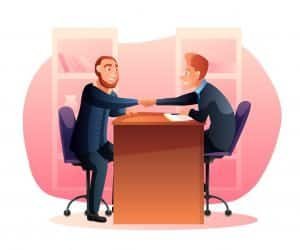 Colleagues shaking hands, HR agent and employee, successful negotiations, job interview. Employee hiring, business partnerships, agreement for cooperation