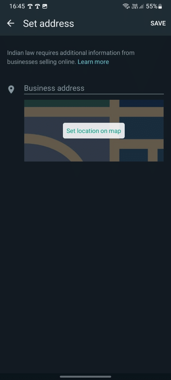 Set your address in WhatsApp Business App in the profile setup section