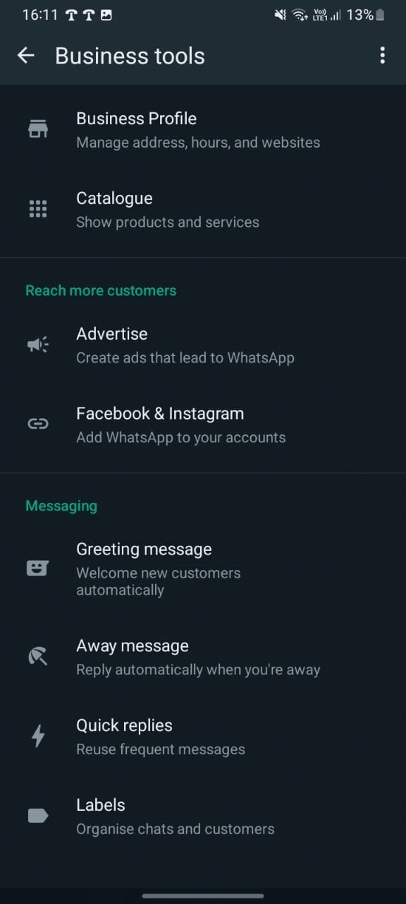 Access the business tool section to setup greeting messages in Whatsapp Business app