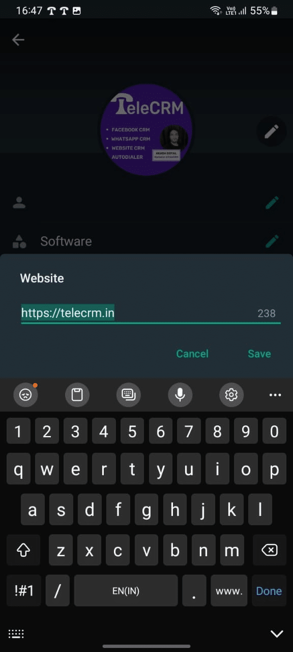 Enter your website details in the profile setup section of WhatsApp Business App