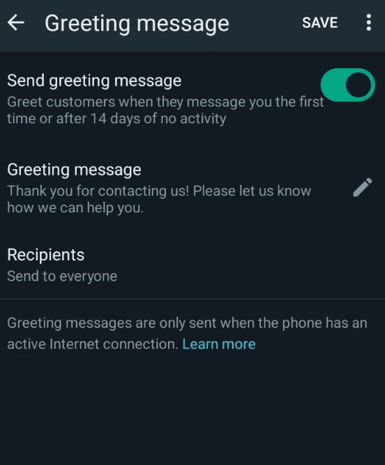 Edit settings of Greeting message in WhatsApp business app to setup greeting messages