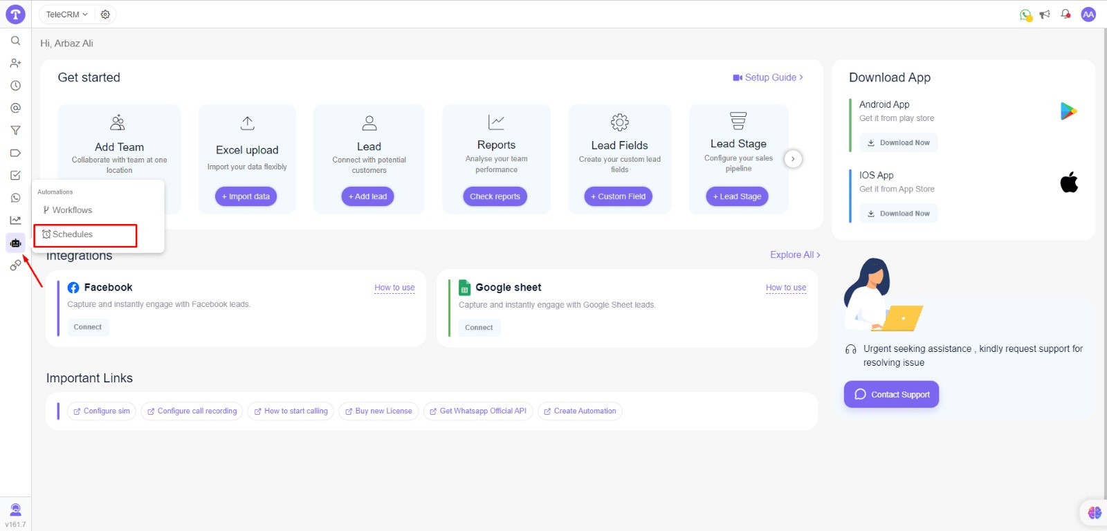 Click on schedules in telecrm app to schedule whatsapp messages.