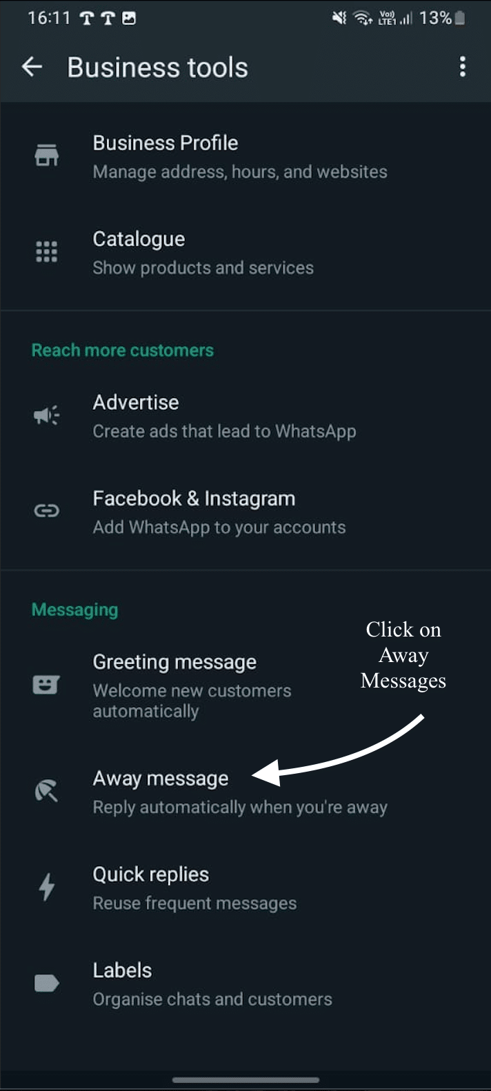 Access business tools section in whatsApp business app to setup away messages
