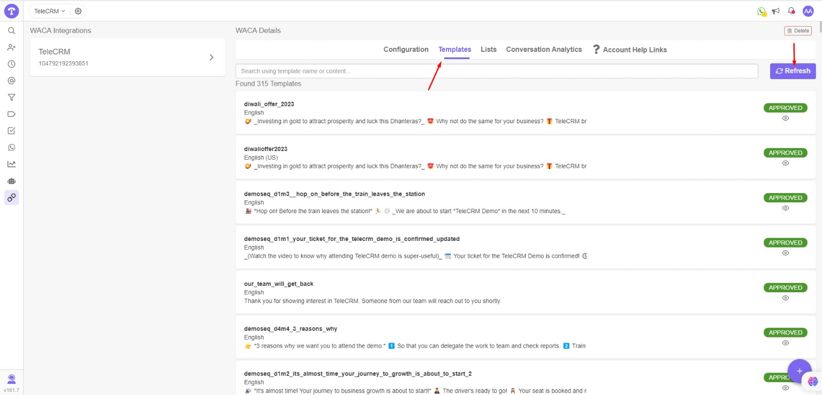 Templates section overview from the TeleCRM application.