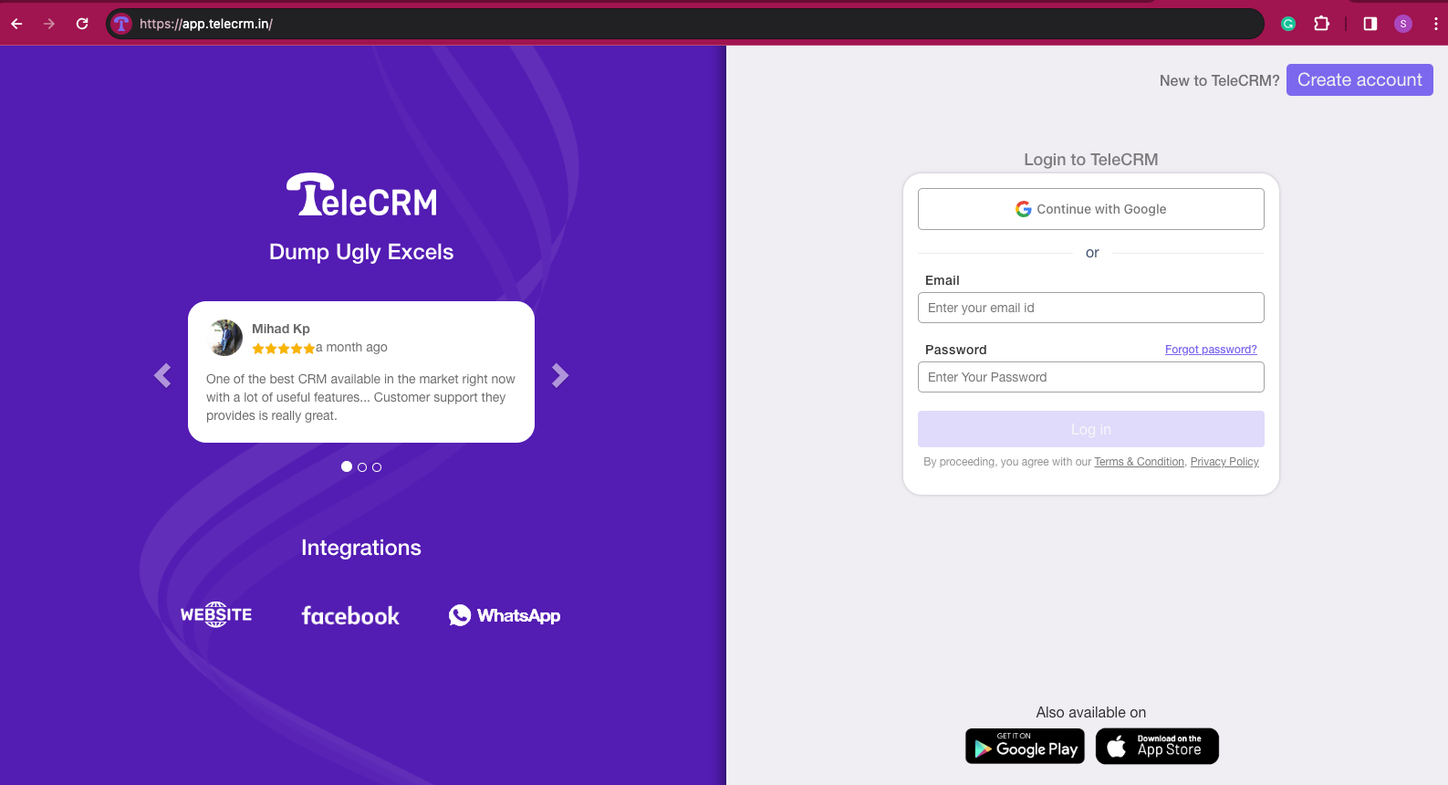 Log in page of TeleCRM on a Google Chrome Browser