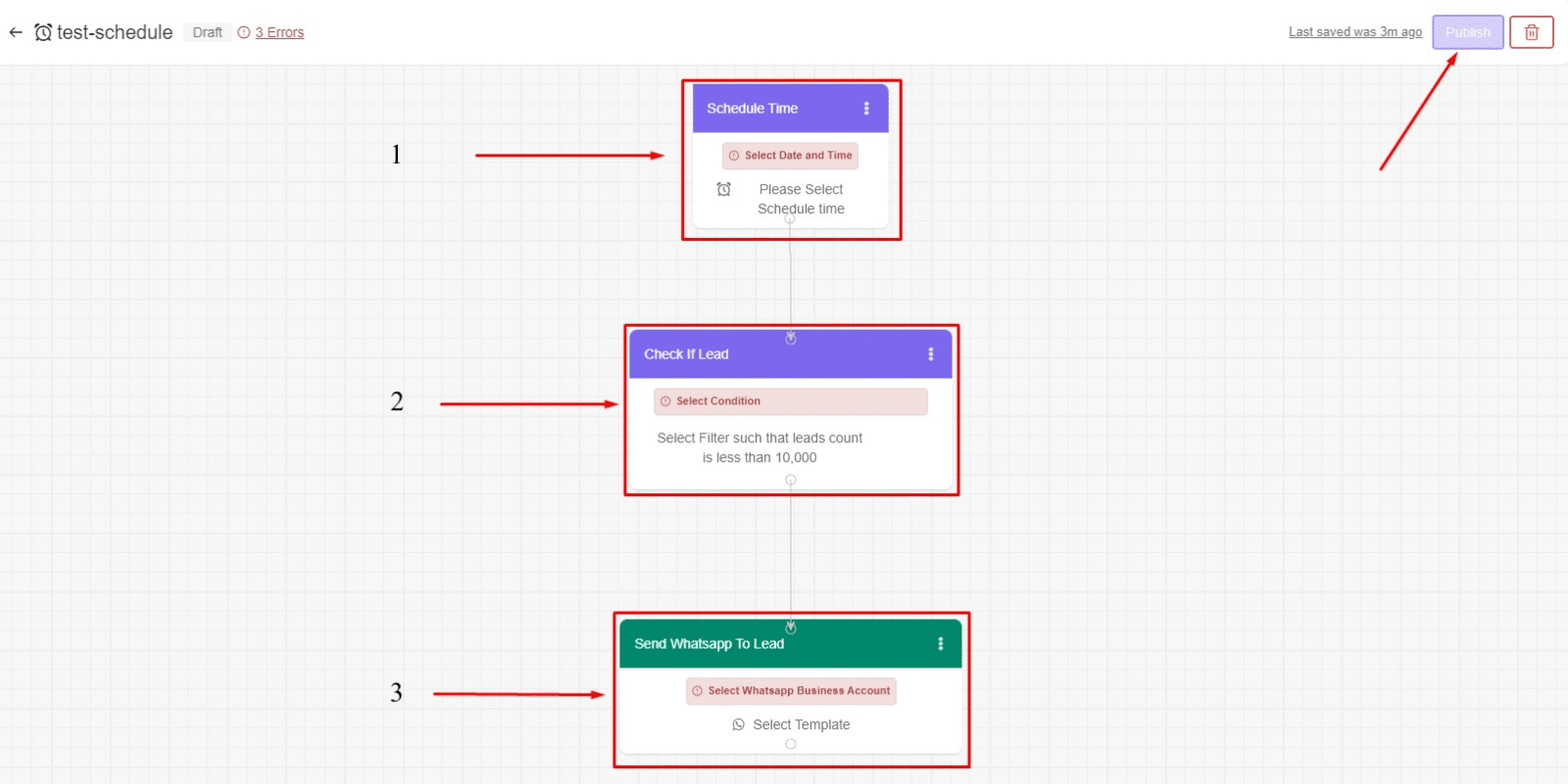 Workflow section of TeleCRM to schedule whatsapp messages