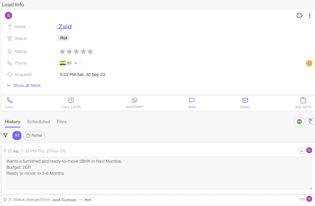 Lead Info tab in TeleCRM Application