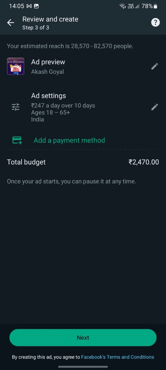 The final step is to preview your ad and the setting one last time 