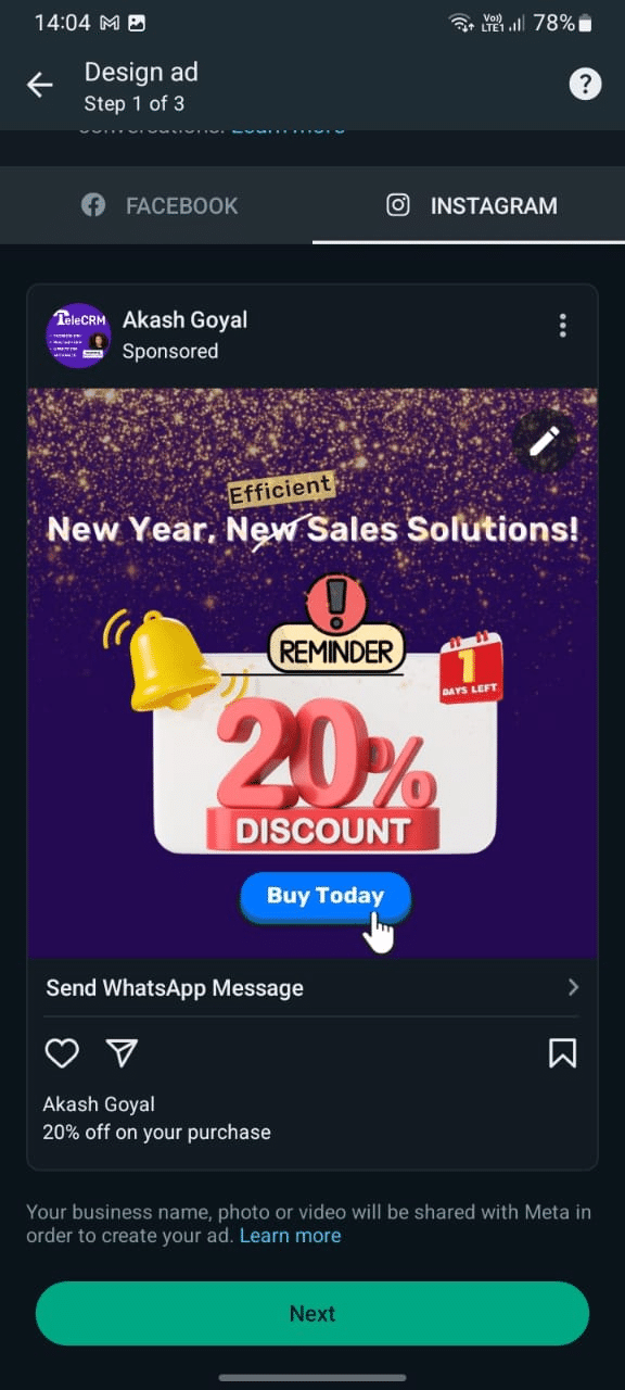 Now add an ad description for your Instagram ad and click next