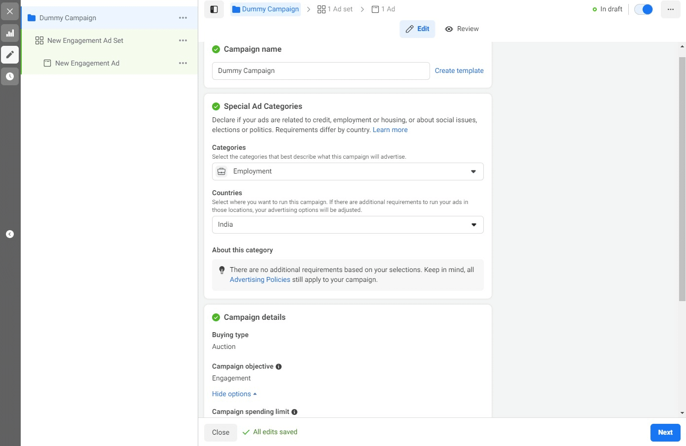 In this tab, you get to set the campaign name, select the desired ad category and choose the country you want to run the ad in