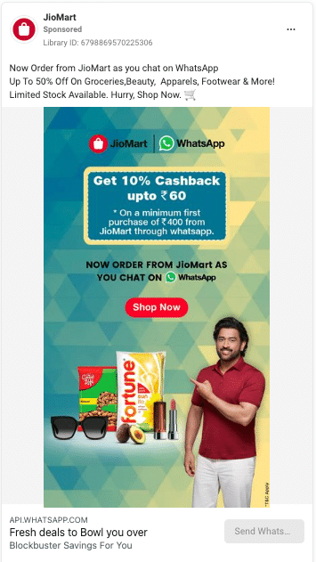 Jio Mart's Facebook ad encouraging users to use WhatsApp to place orders. 