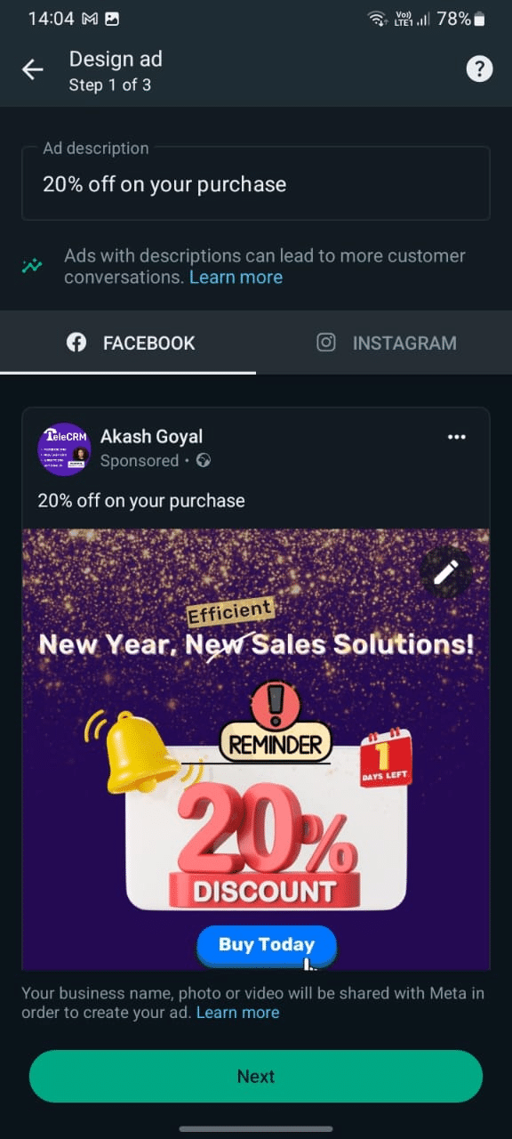 Now add an ad description for your Facebook ad and click next 