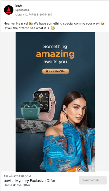 Boat encourging their users to click on the send a whatsapp message button to unveil the offer.