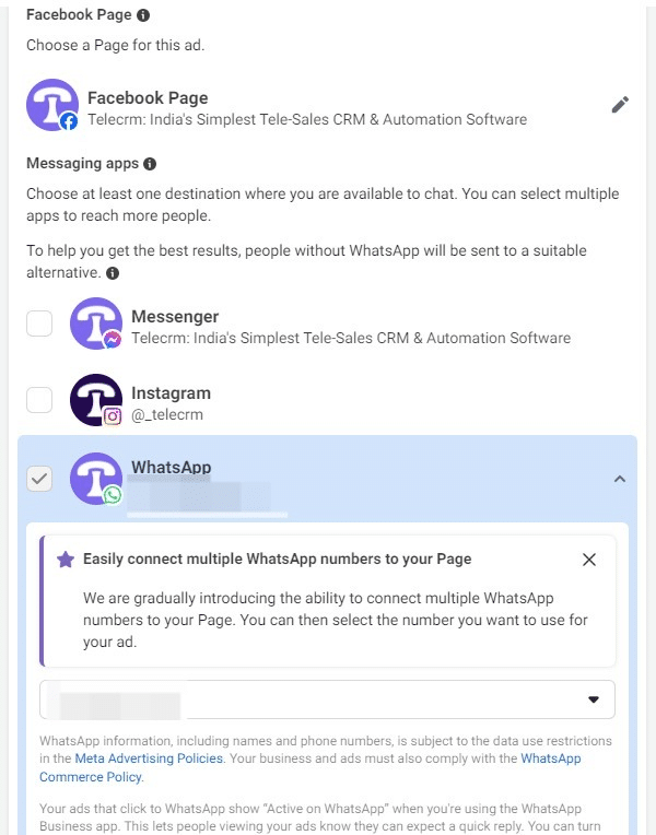 You reach a page where you can select the desitination for the messages. Place a tick in the box next to Whatsapp and select the WhatsApp number below where you would like to receive these messages.