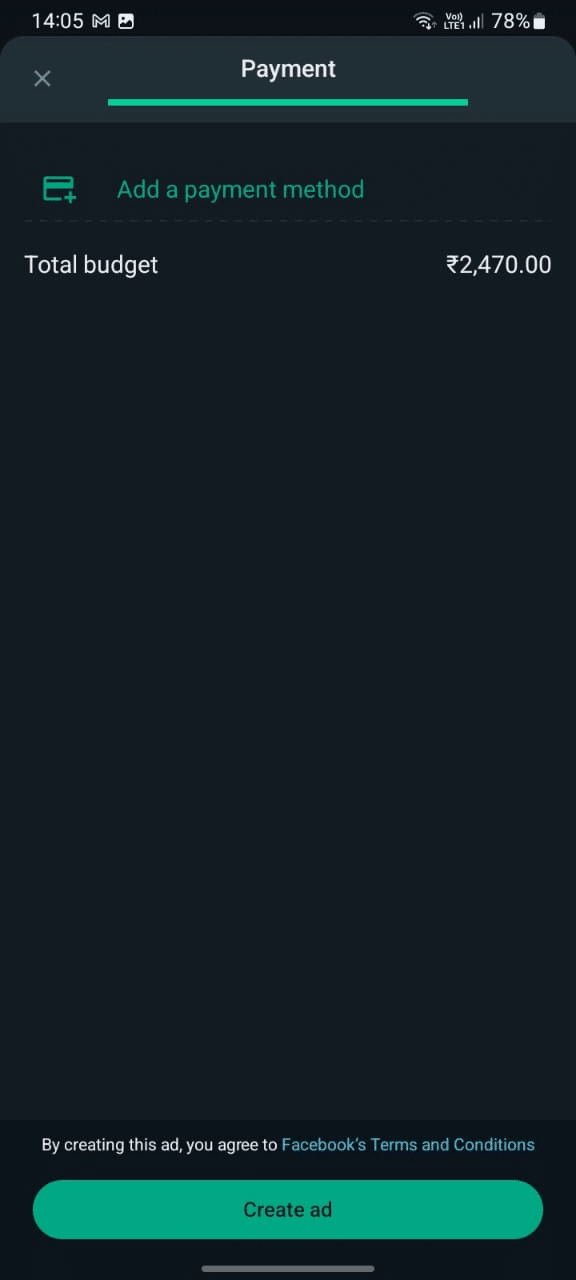 Then click next to add the payment method, make the payment and publish your ad