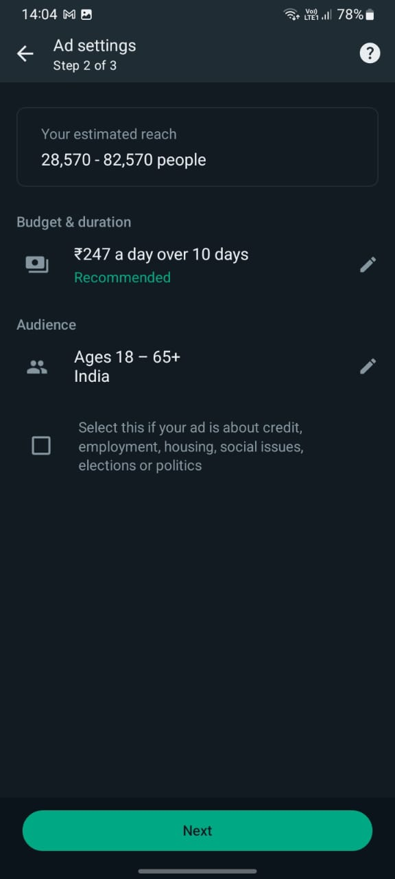 In this step, you set the budget and duration of your ad along with selecting the audience you want to target