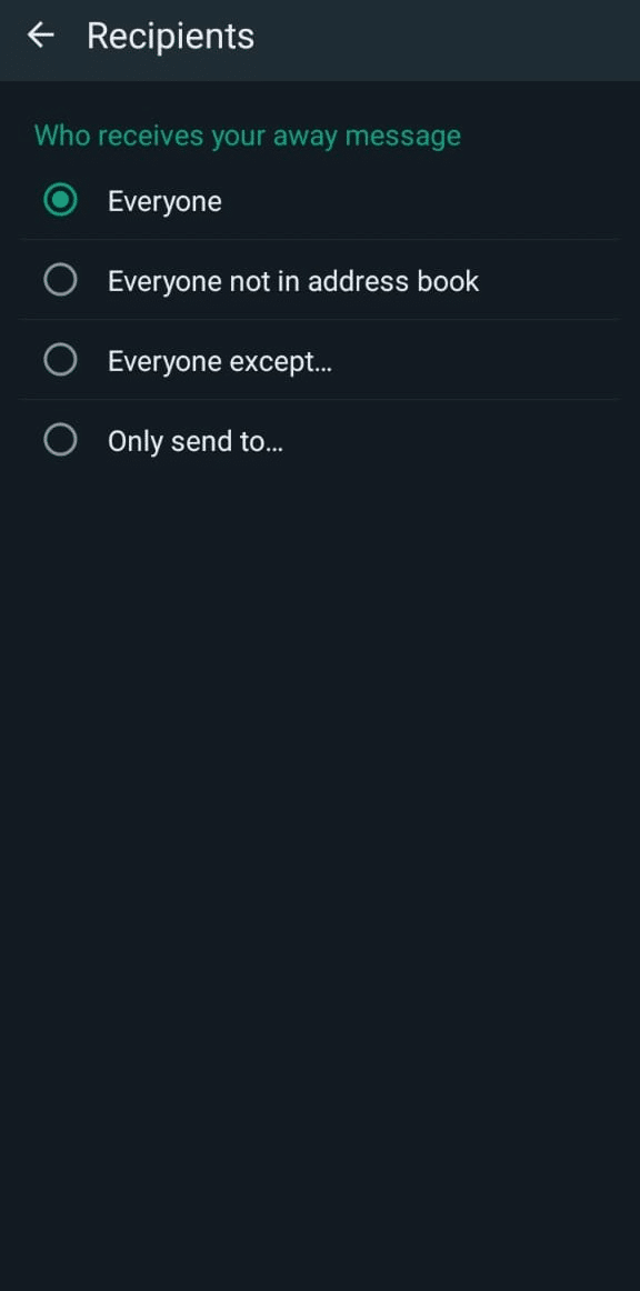 Select the recipients: everyone, everyone not in addrss book, everyone except.., only send to..
