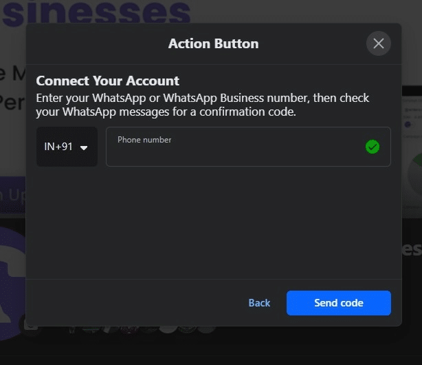Select your country code and enter your WhatsApp Business number. Click on 'Send Code'