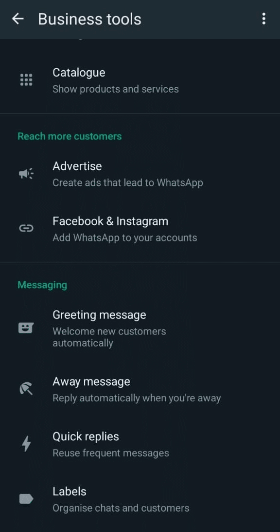 WhatsApp Business settings- Business tools section to set WhatsApp auto reply message 
