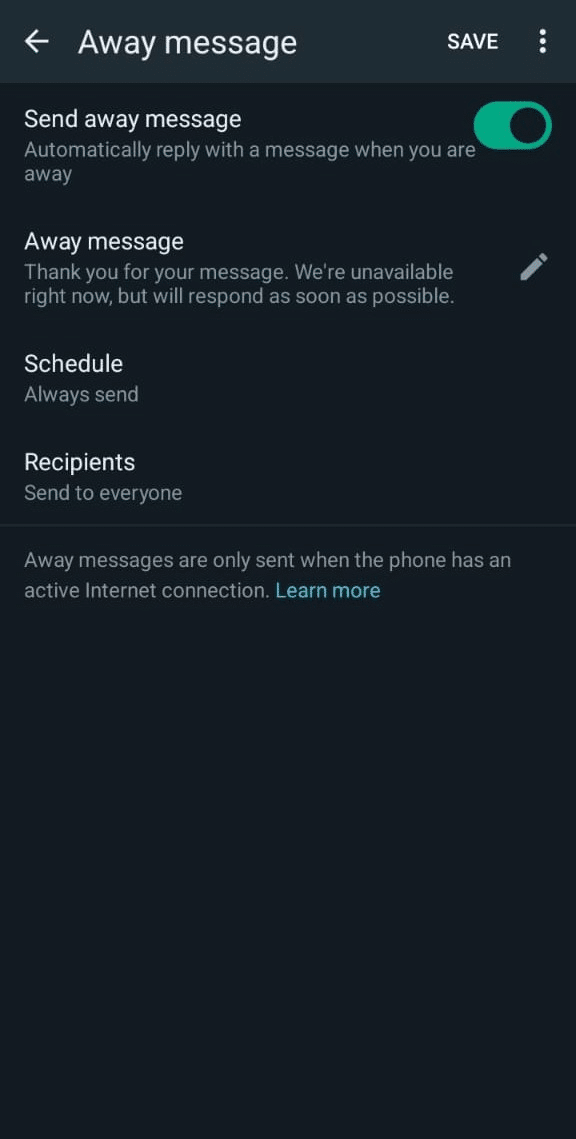 Enable Away message- WhatsApp auto reply feature