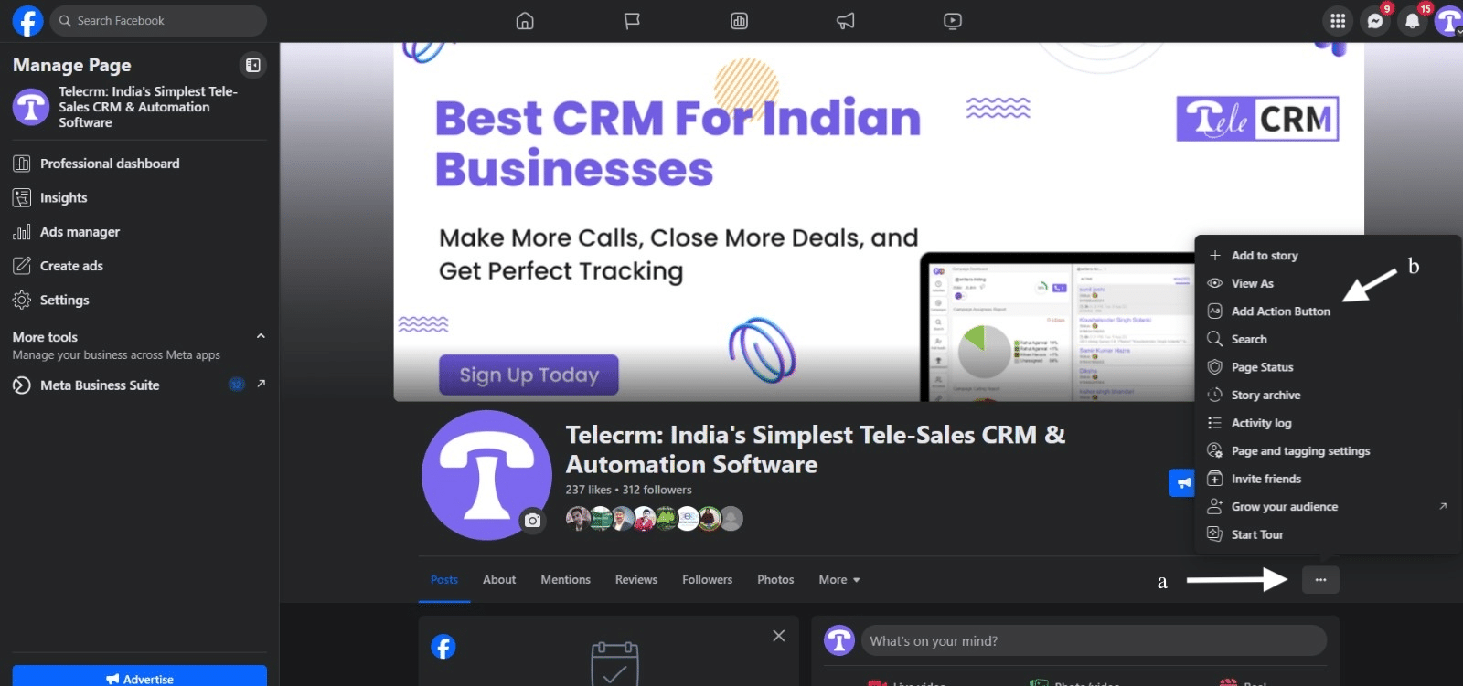Go to your facebook page, click on the three dots and then clcik on add action button
