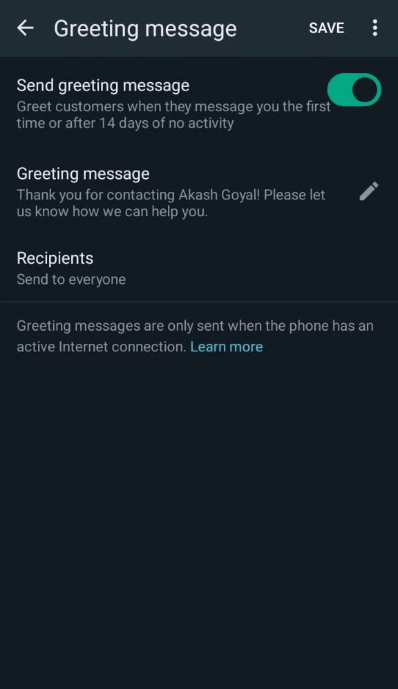 Greeting messages- Whatsapp auto reply feature 