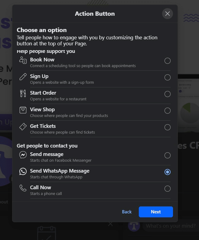select 'Send Whatsapp Message' in 'get people to contact' section and click on Next.