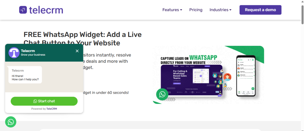 Telecrm's WhatsApp widget tool