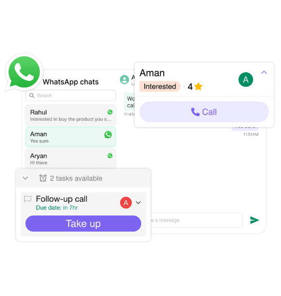 click-to-call from WhatsApp web, follow up,and auto dialer feature of TeleCRM's WhatsApp CRM