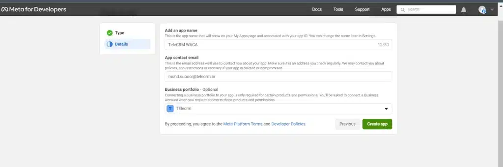 Once you have entered all the requested details, click on Create app