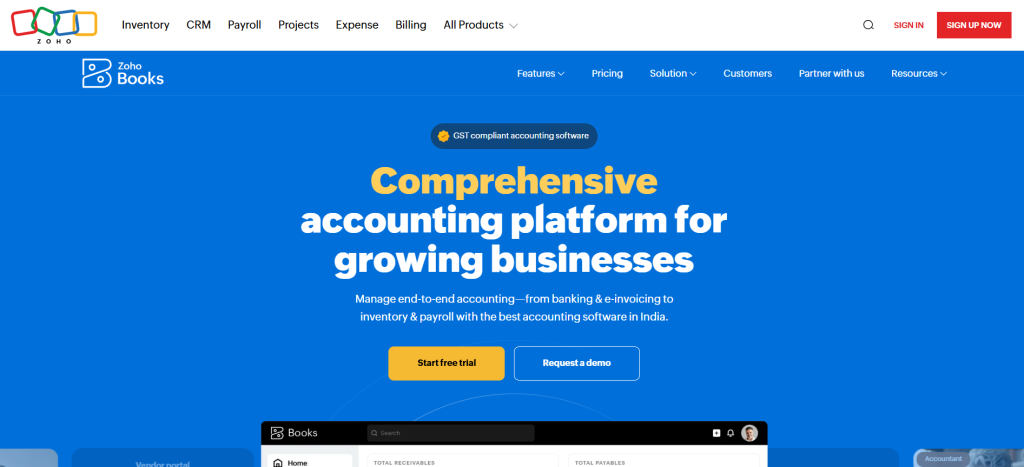 zoho books dashboard