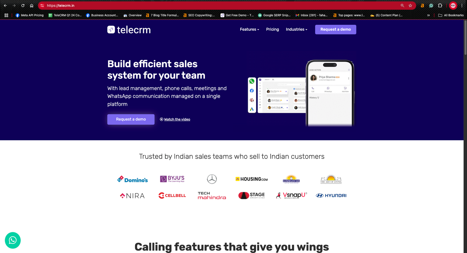 Telecrm's homepage image showcasing clear and simple website design 