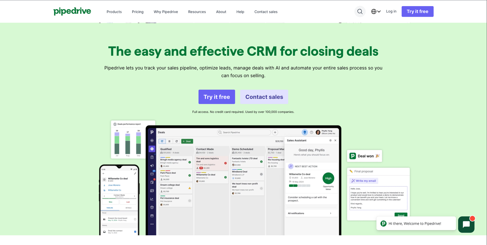 Pipedrive CRM system homepage overview