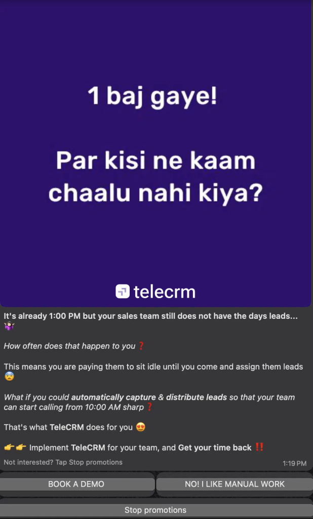WhatsApp Message sequence for convinvcing leads to book a demo of Telecrm.