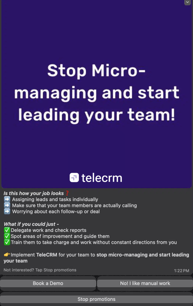 WhatsApp Message sequence for convinvcing leads to book a demo of Telecrm.