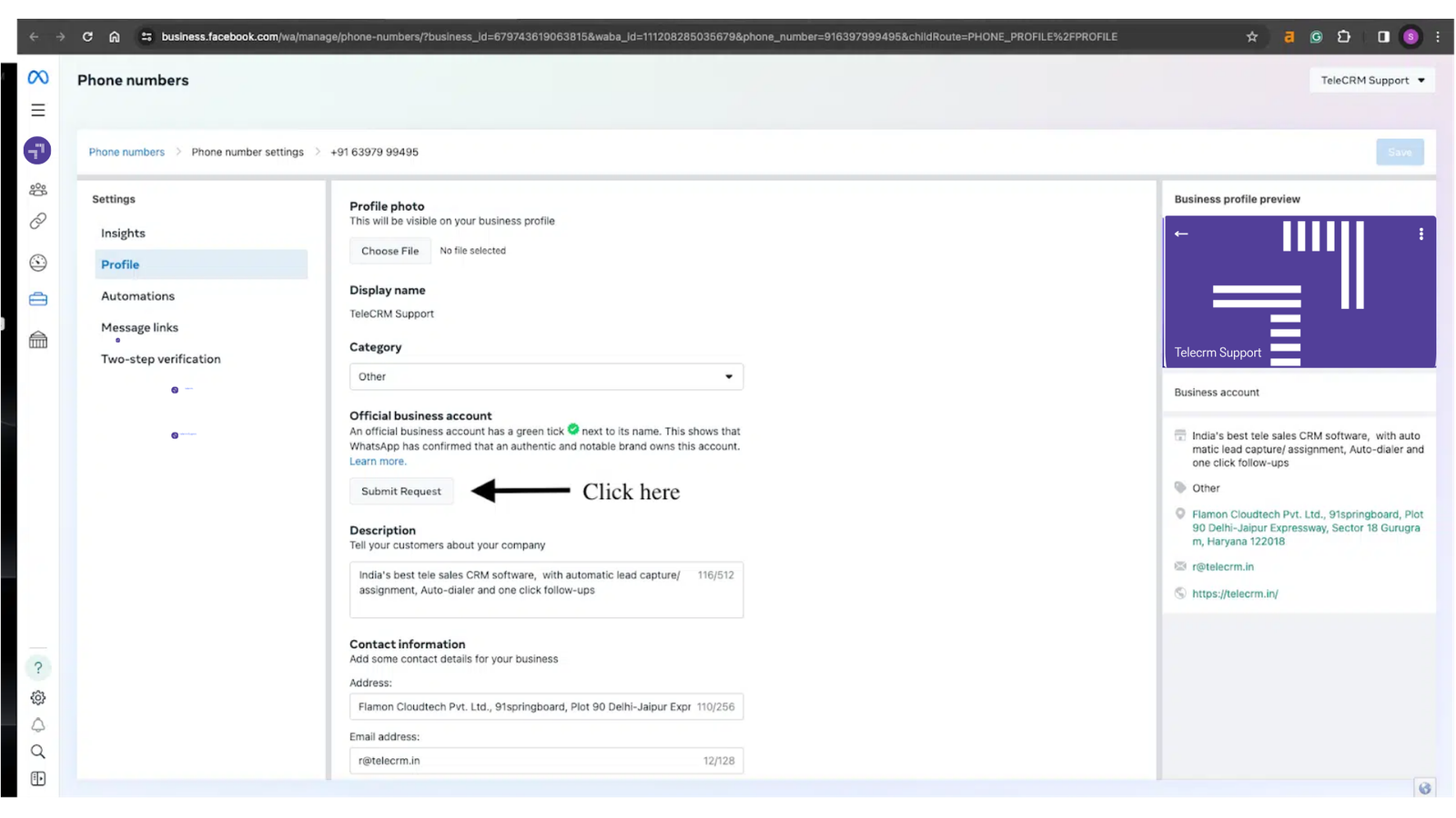 In the overview tab click, click on profile and submit request button