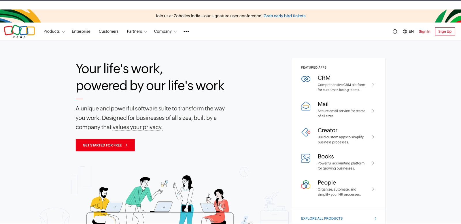 Zoho's homepage overview