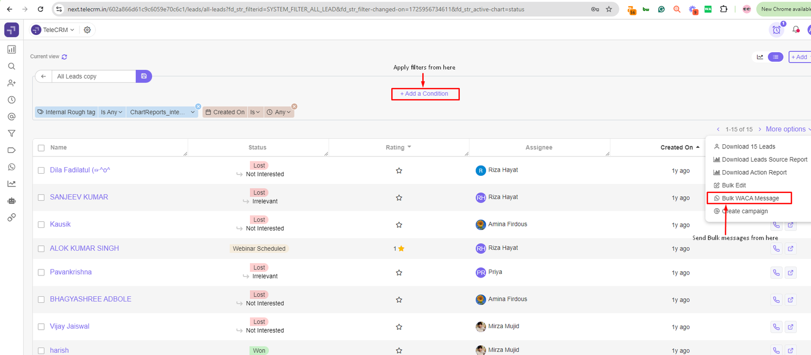 Telecrm, an intuitive B2C CRM software, helps segment your audience and manage your leads better with its Filter feature.