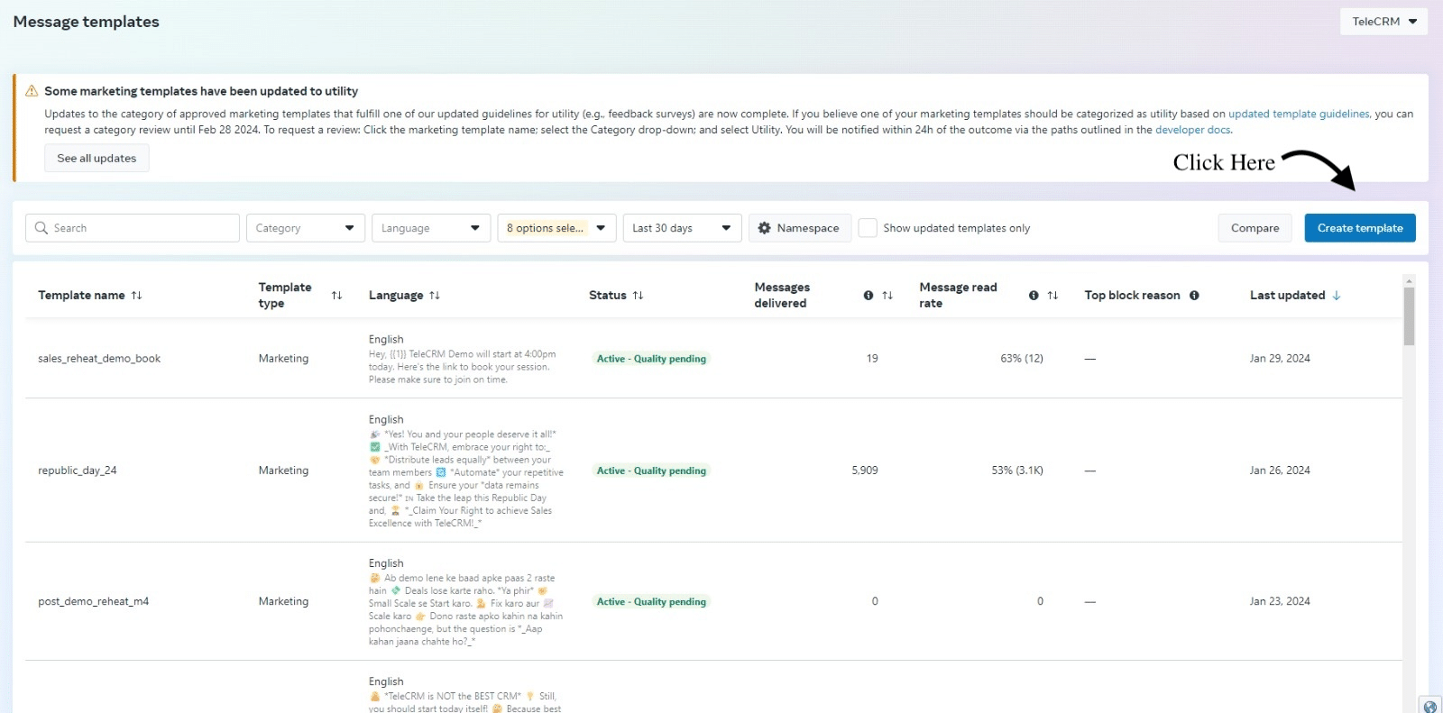 In the 'Message templates' section, click 'Create Template'.