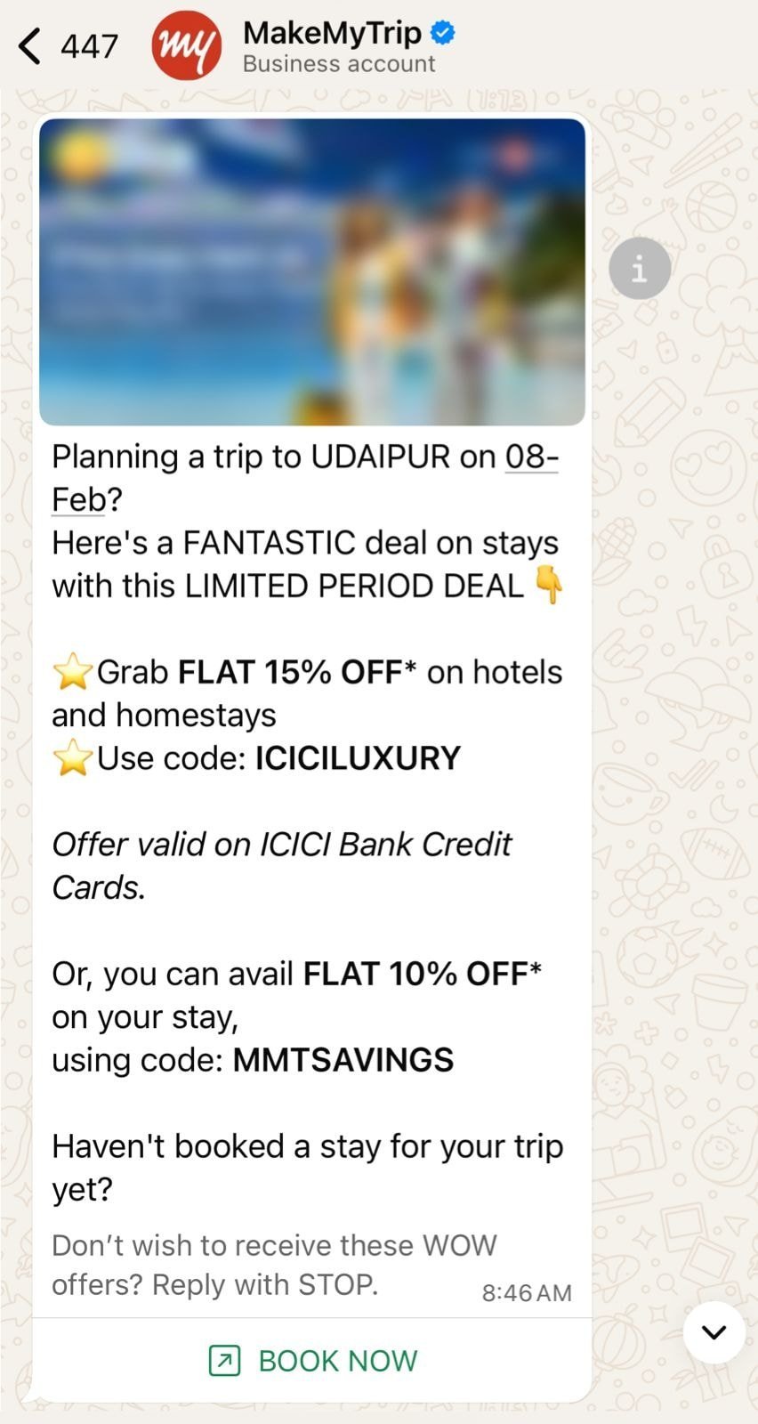 Screenshot of an automated message from MakeMyTrip, cross-selling hotel bookings for already planned trip to Udaipur for a customer. 
