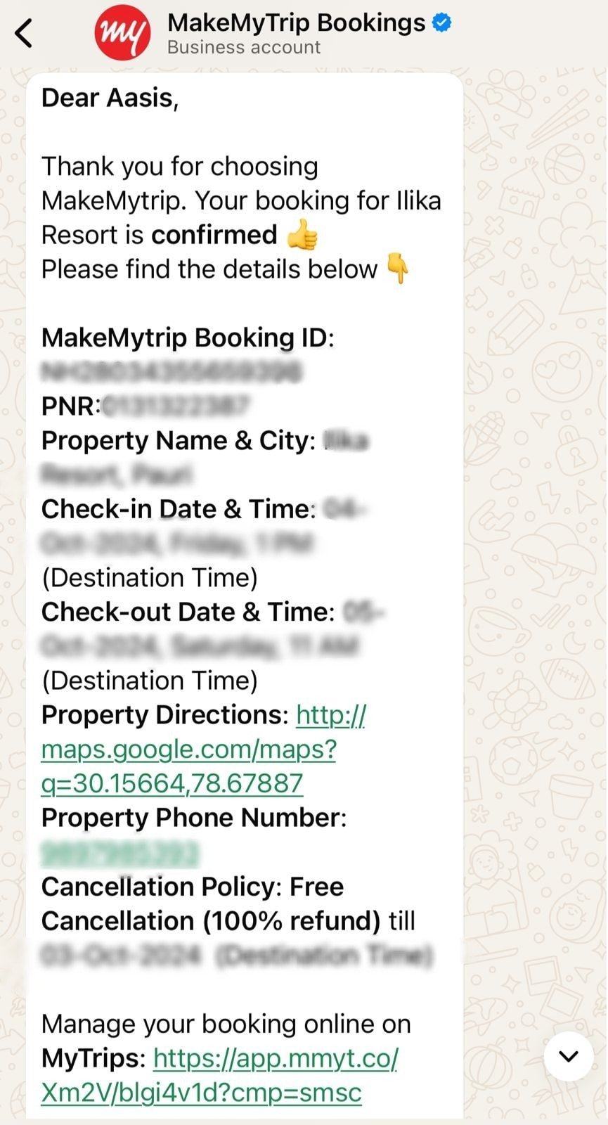 Screenshot of detailed itinerary shared by MakeMyTrip for a customer featuring property directions, check in and check out timings, property phone number and cancellation policy. whatsapp business api travel