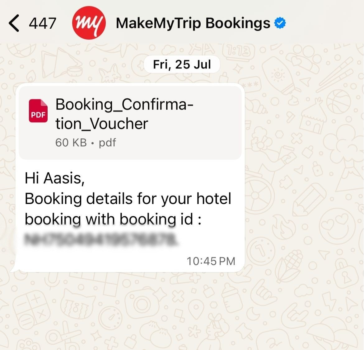 Screenshot of an automated message from WhatsApp Business API of MakeMyTrip, sharing booking details with the customer. - whatsapp business api travel